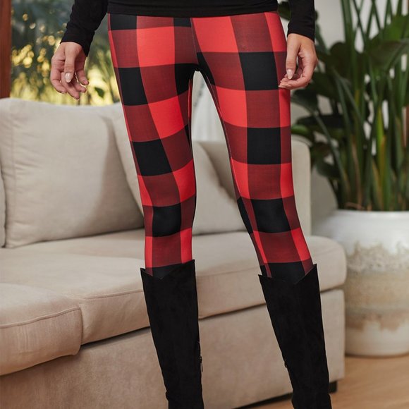 Black Red Buffalo Check Plaid Leggings - Picture 9 of 11